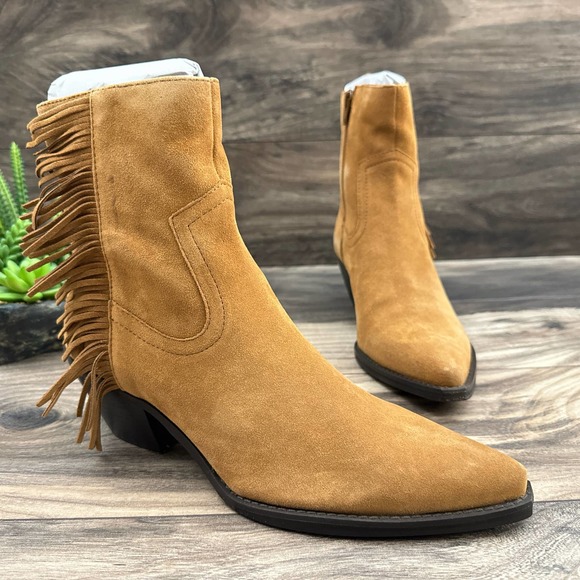 NIB Coconuts By Matisse 8.5M Saddle Suede Leather Western Fringe Booties - Picture 4 of 11
